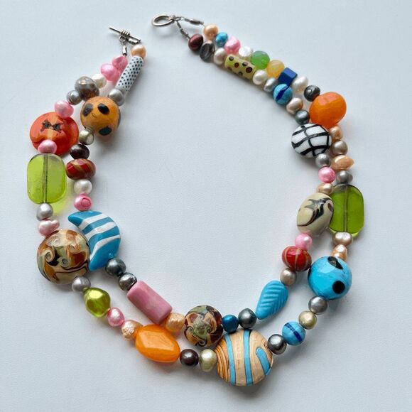Vintage Murano Glass & Baroque Pearl Artisan Necklace Chunky Boho Statement - Picture 1 of 8